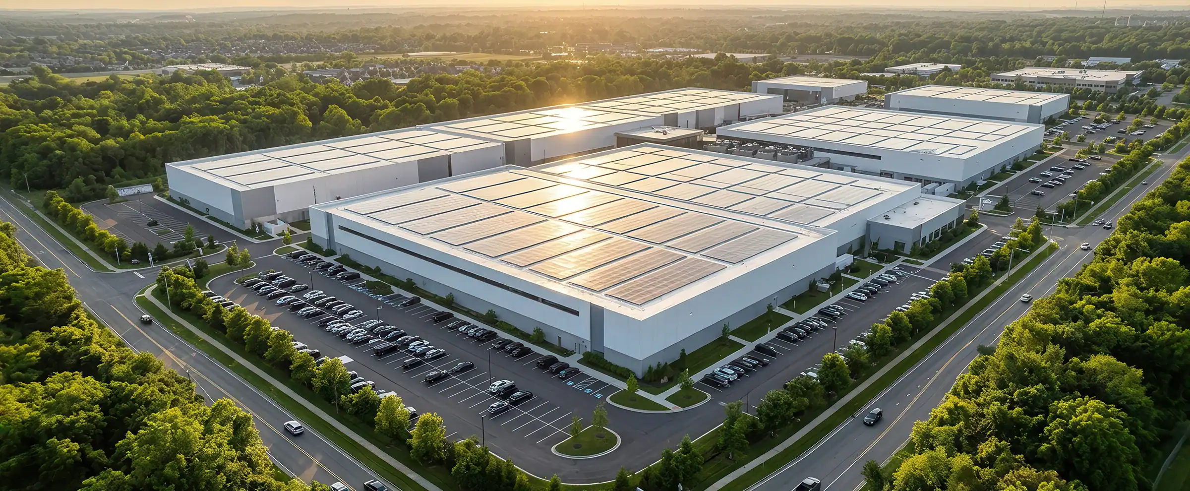 Flygbild över ett storskaligt datacenter med flera vita byggnader och solpaneler på taken, omgivet av skog och parkeringsytor i kvällssol.
